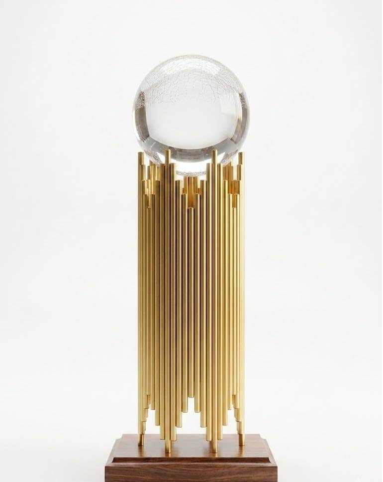 Metal Ribbed Column Stand with Big Crystal Ball Gold