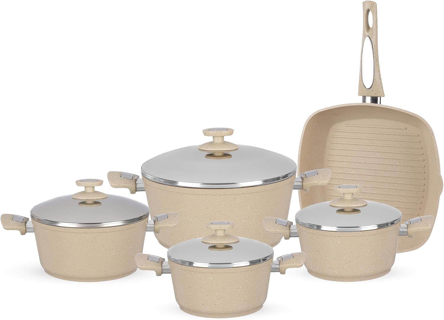 9-Piece Granite Cookware Set with Stainless Steel Lids - Beige