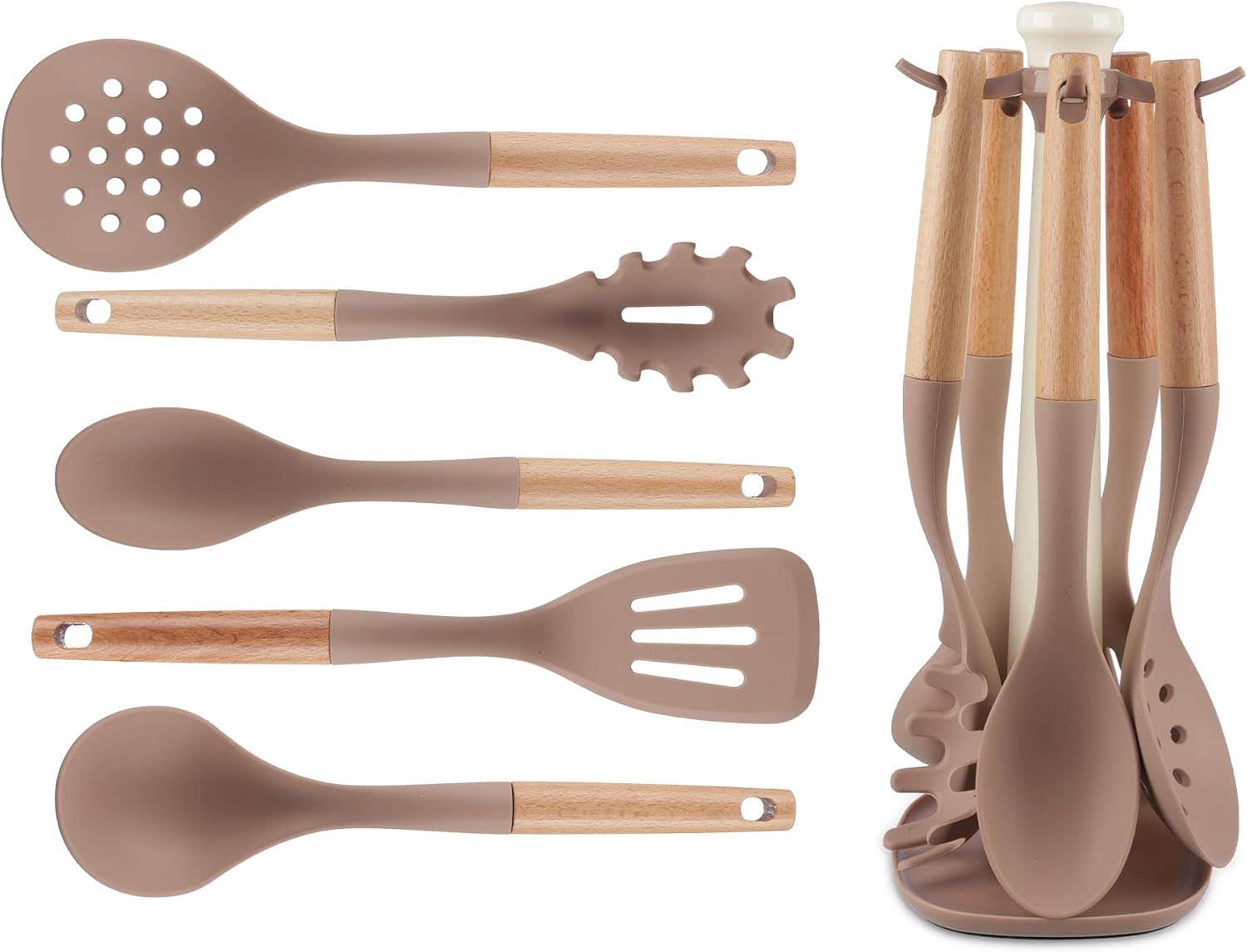 5-Piece Silicone Utensils Set with Rotating Stand - Brown with Wood Grain Handles