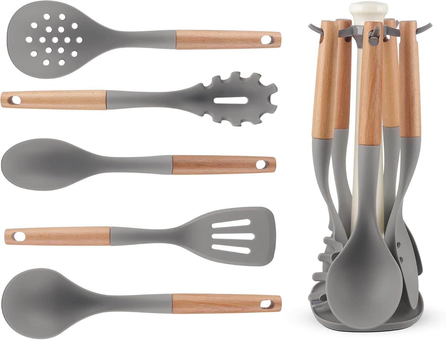 5-Piece Silicone Utensils Set with Wood Handles & Stand - Grey - Non-Stick Cooking