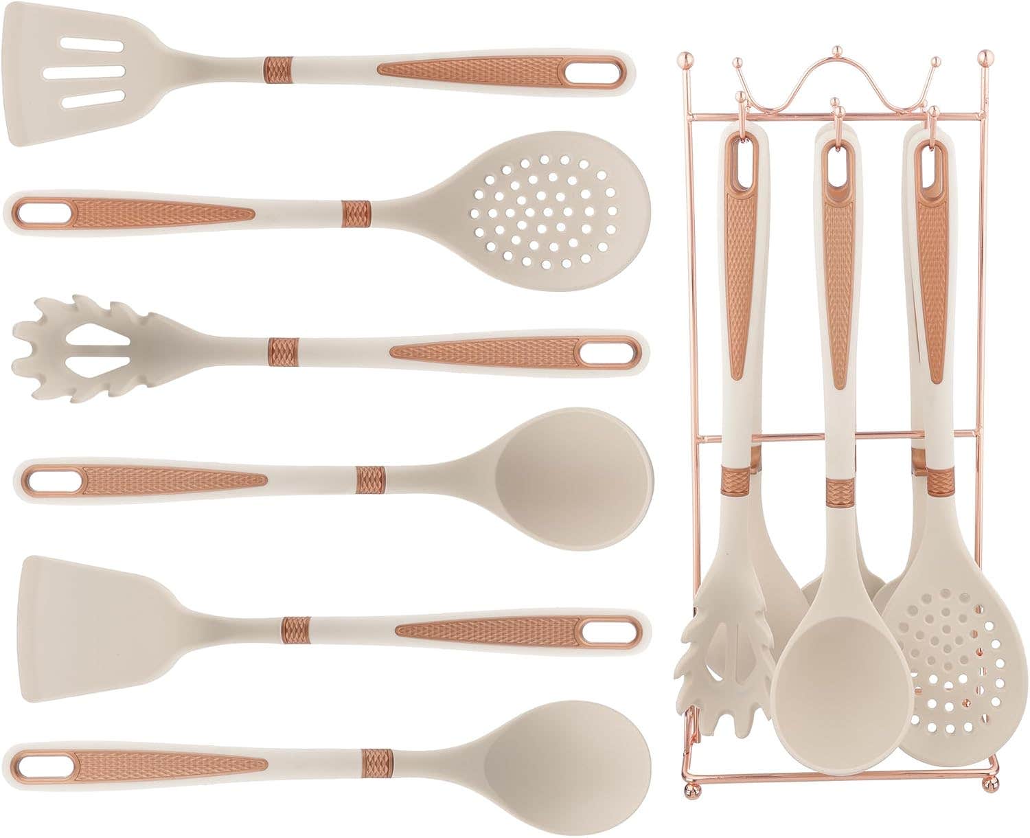 utensils set 6 Pieces with Metal Stand, Silicone - White with Coper