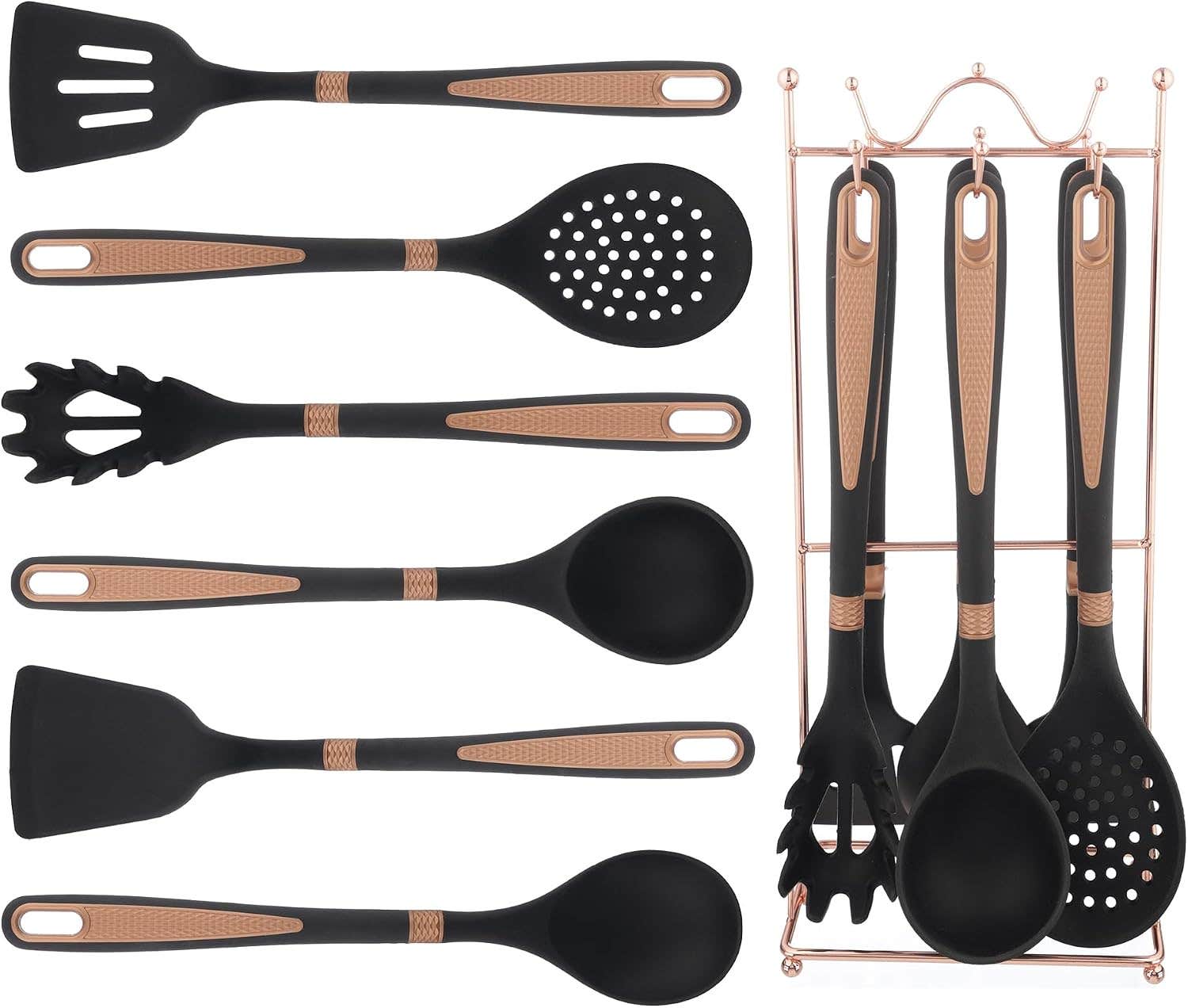 utensils set 6 Pieces with Metal Stand, Silicone - Black with Coper