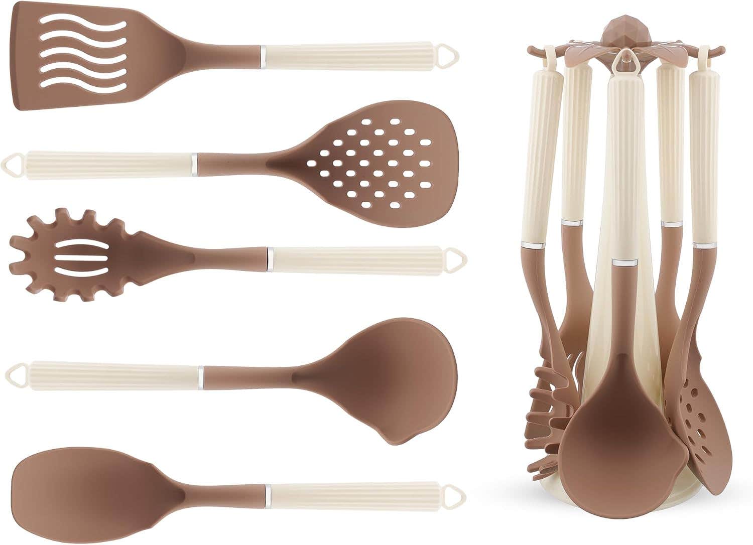 utensils set 5 Pieces with Stand, Silicone with Plastic stand - White with Brown