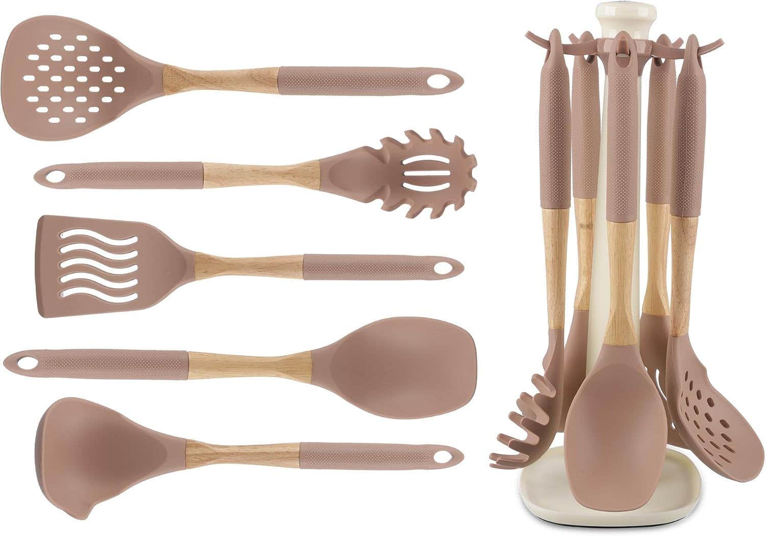 Utensils set, 5 pieces with stand, silicone with Wooden handle - Beach