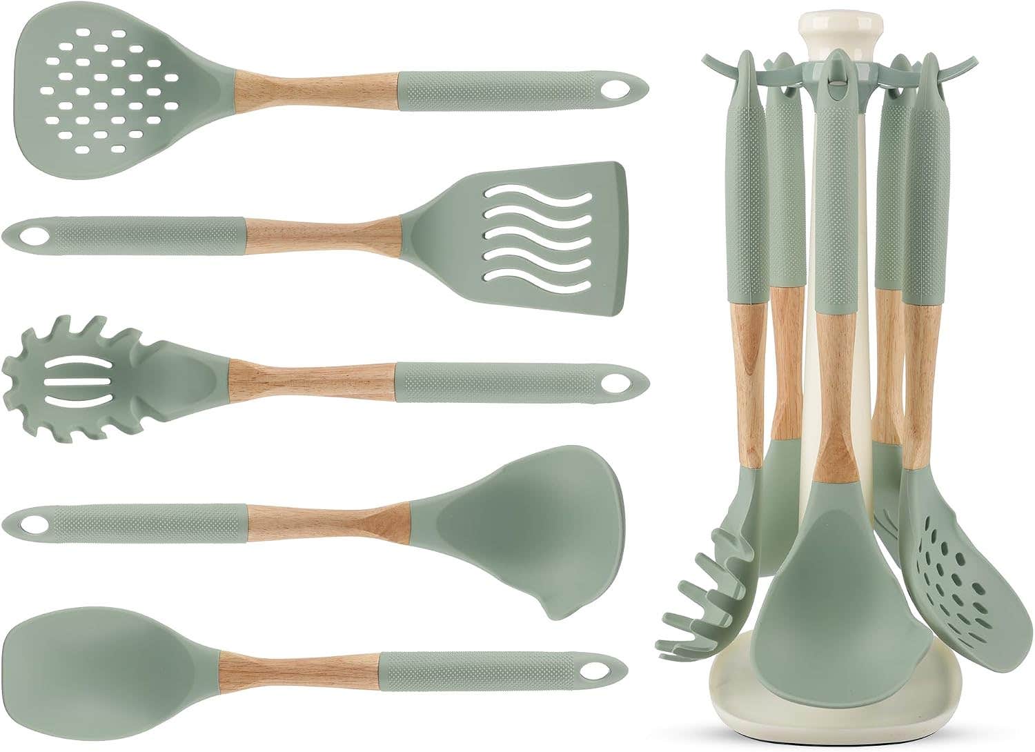 Utensils set, 5 pieces with stand, silicone with Wooden handle - Mint Green