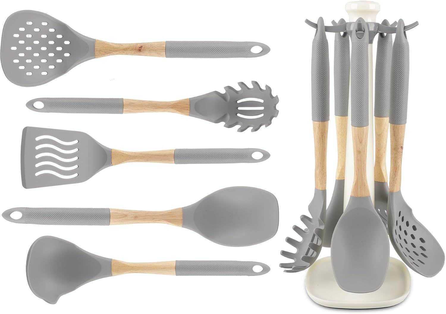 Utensils set, 5 pieces with stand, silicone with Wooden handle - Grey