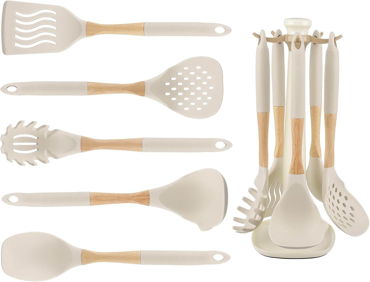 Utensils set, 5 pieces with stand, silicone with Wooden handle - Beige