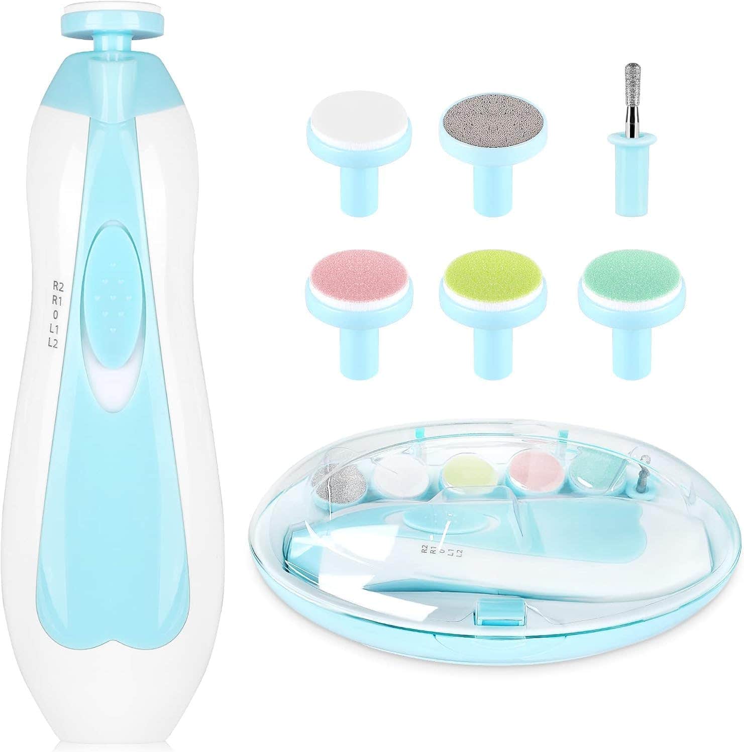 Electric Baby Nail Trimmer with 6 Grinding Heads, Bidirectional Speed Adjustment, 4 Working Modes, Blue