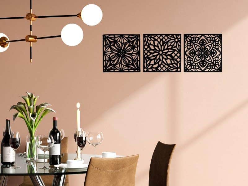 Modern Black Geometric Flower Triptych Wood Wall Art by Home Gallery