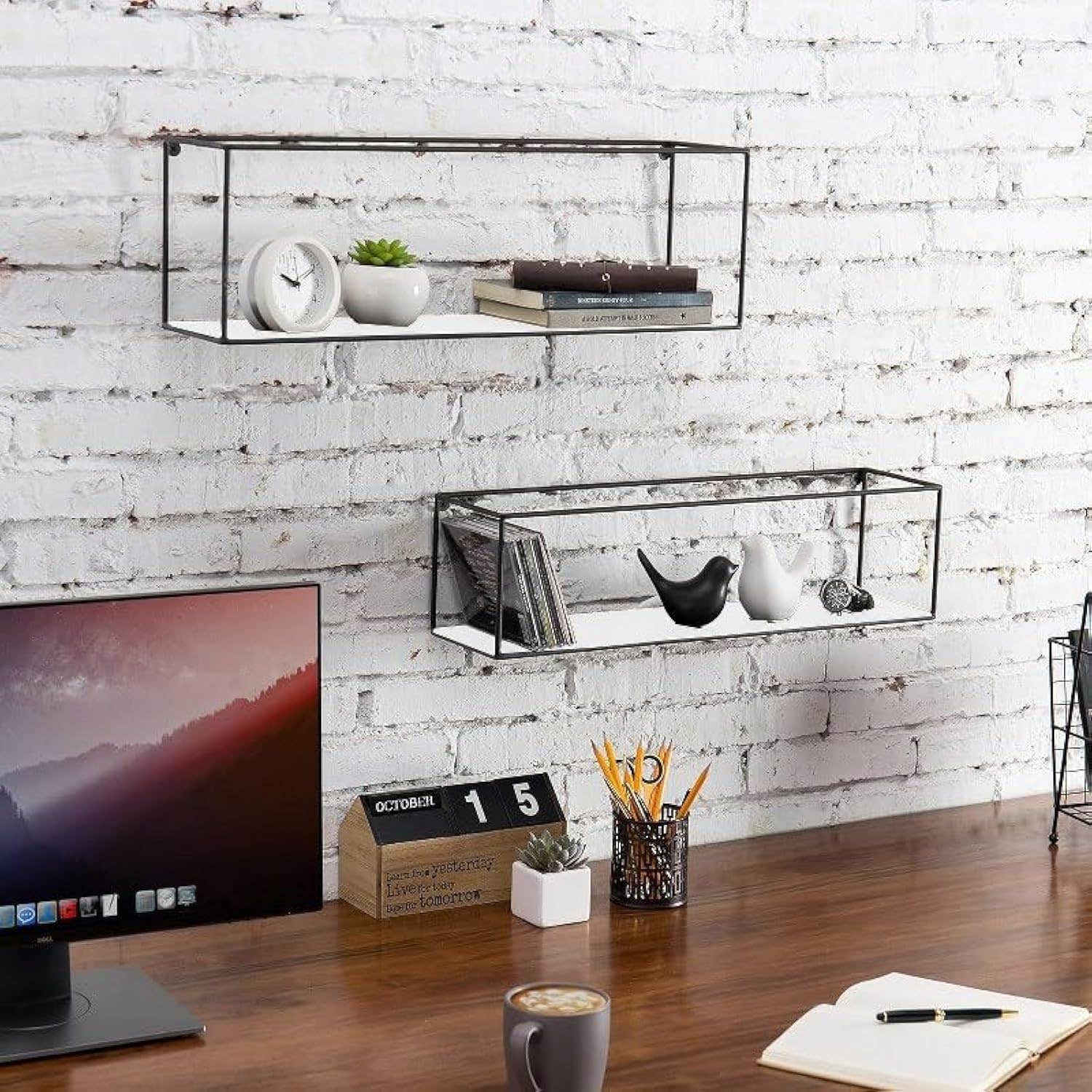 Black Metal Wall-Mounted Rectangular Display Shelf - White