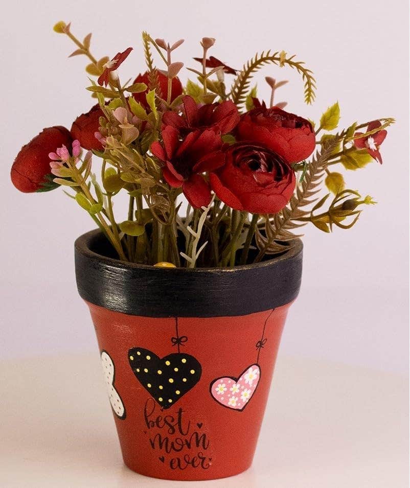 Decorative Flower Pot with Artificial Red Flowers, 'Best Mom Ever' Heart Theme, Red and Black