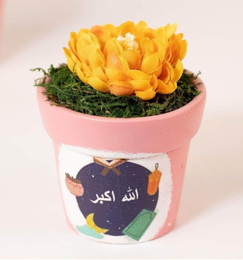 Decorative Flower Pot with Yellow Artificial Flower, Pink Ceramic Planter with Moss, Islamic Calligraphy Design
