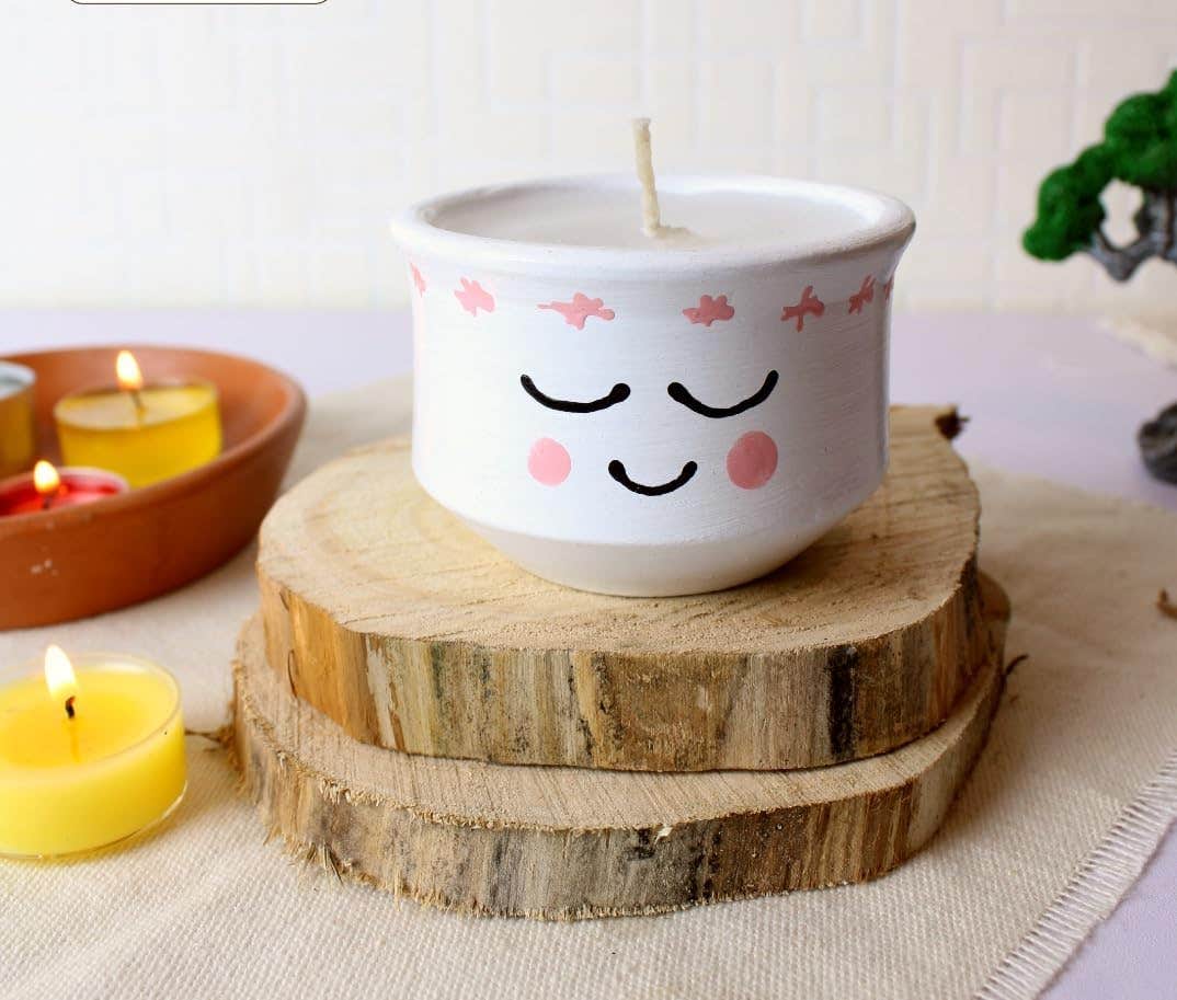 Handcrafted Ceramic Candle in White, Cute Smiley Face Design, Home Décor