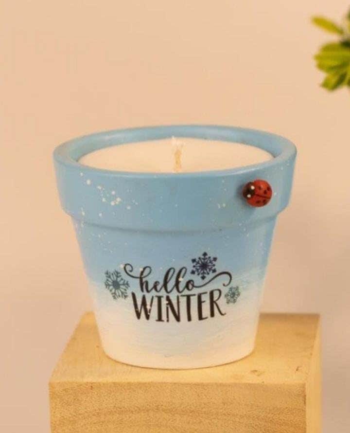 Hello Winter Decorative Scented Candle, Light Blue Ceramic Pot with Ladybug, Snowflake Design