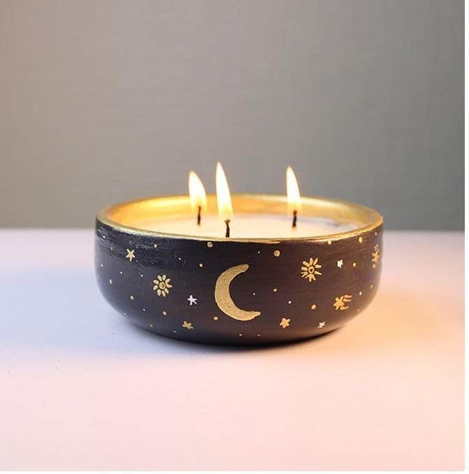 3-Wick Candle in Black Bowl, Celestial Moon and Stars Design, Gold Interior
