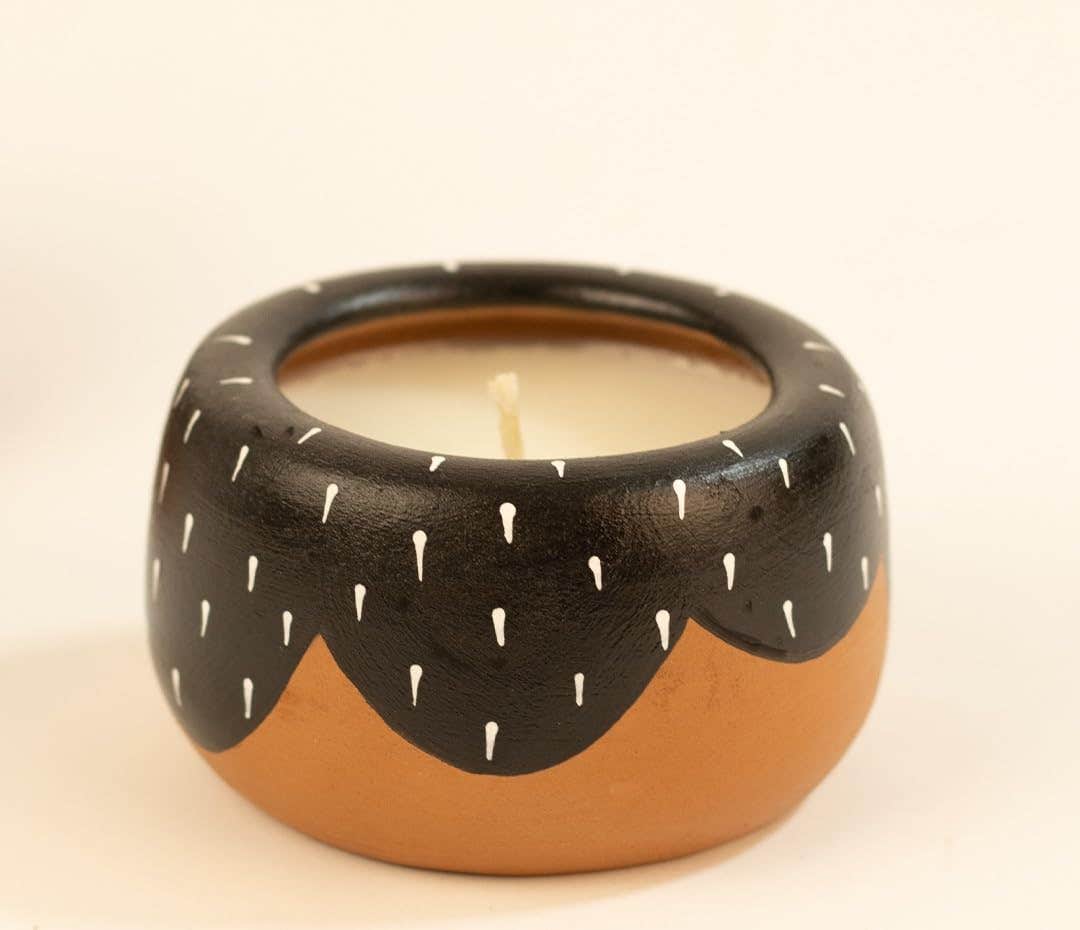 Handcrafted Terracotta Candle in Round Ceramic Pot, Black and Brown with White Dot Pattern