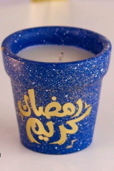 Handmade Ramadan Kareem Scented Candle, Blue Glitter, Arabic Calligraphy Design