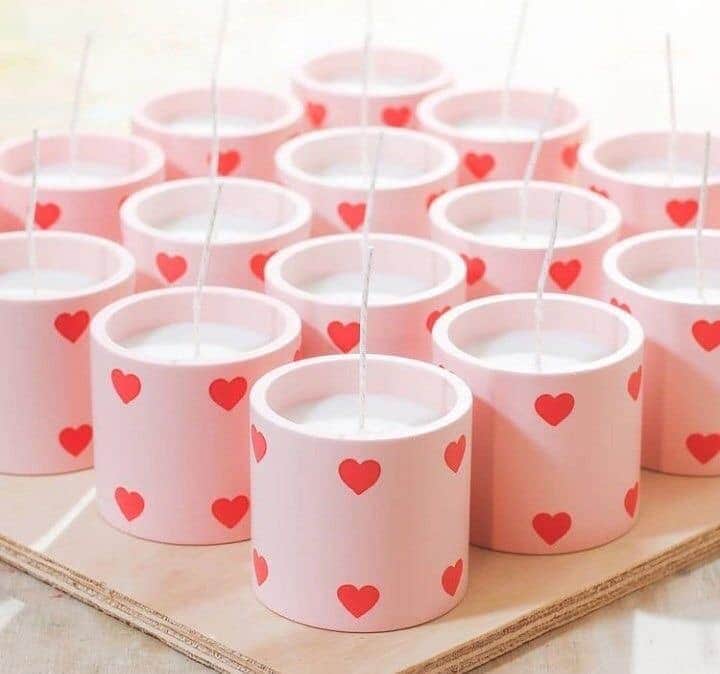 Pink Candle in Ceramic Pot with Red Heart Design, Valentine's Theme, Wax Filled