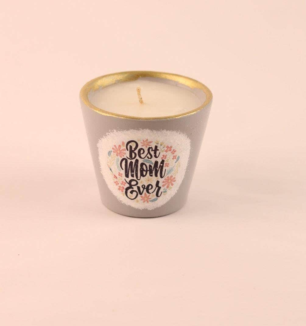 Best Mom Ever Scented Candle in Grey Ceramic Cup, Gold Rim, Floral Heart Design, Mother's Day Gift