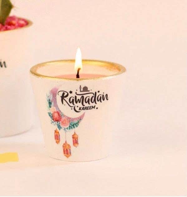 Ramadan Kareem Decorative Candle, White with Gold Rim, Crescent Moon and Lantern Design