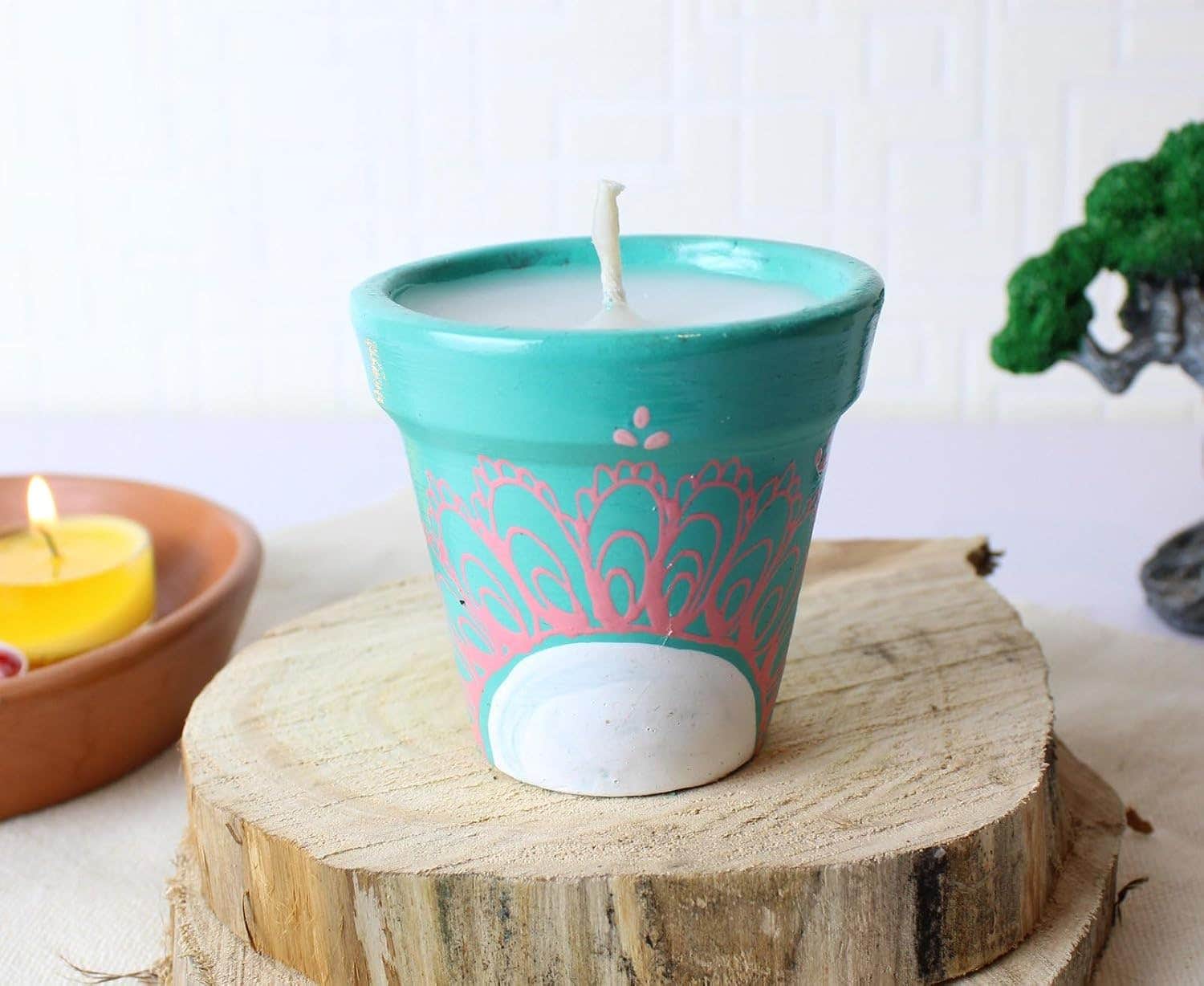 Turquoise Scented Wax Candle - Handmade Pottery - 6cm