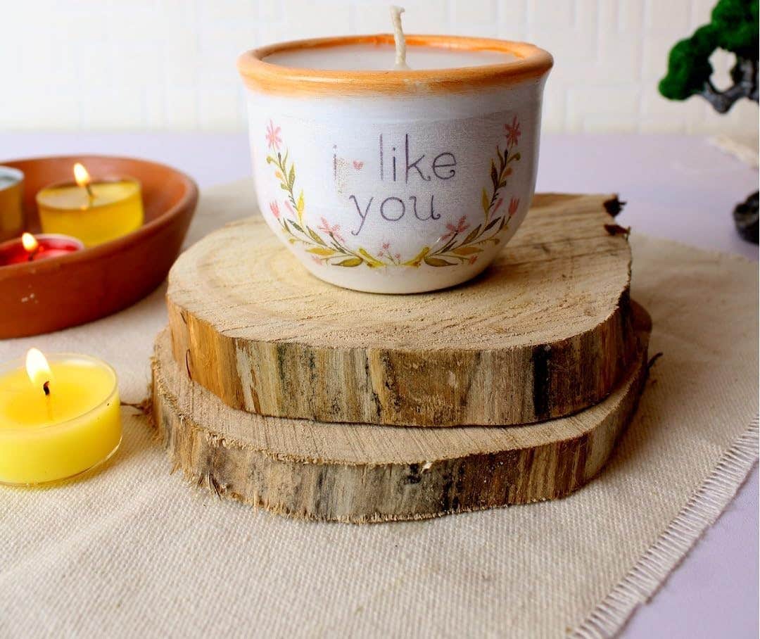handcrafted Candle in 'I Like You' Floral Printed Pot, White, Handcrafted, Home Décor Gift