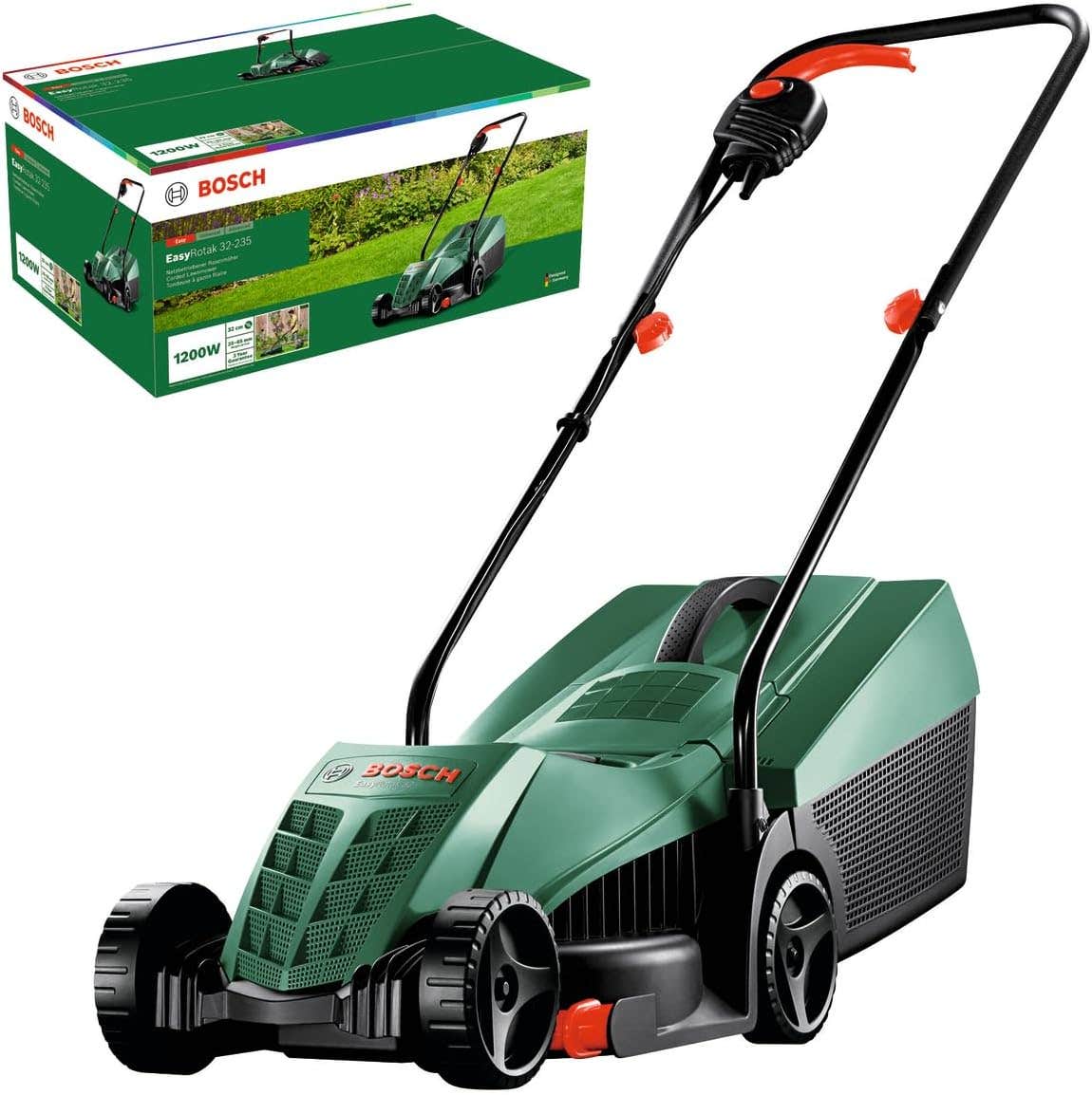 Bosch EasyRotak 32-205 corded lawn mower (1200 W motor power, cutting width: 32 cm, 31 litre collecting basket, suitable for small gardens)