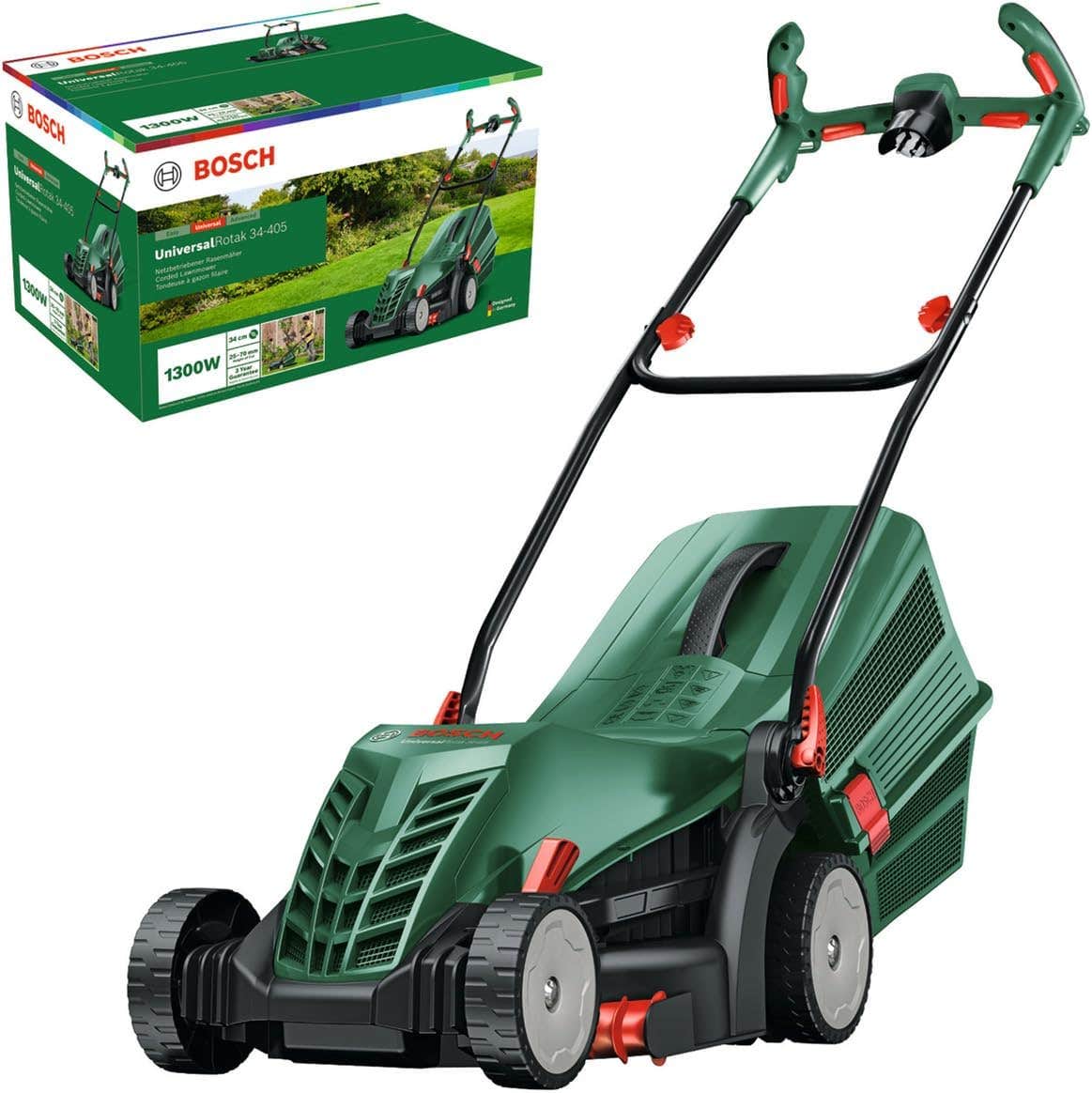 Bosch UniversalRotak 34-405 wired lawn mower (1300 W motor, 34 cm cutting width, 40 litre collection tray, for even mowing lawns leaving clean borders)
