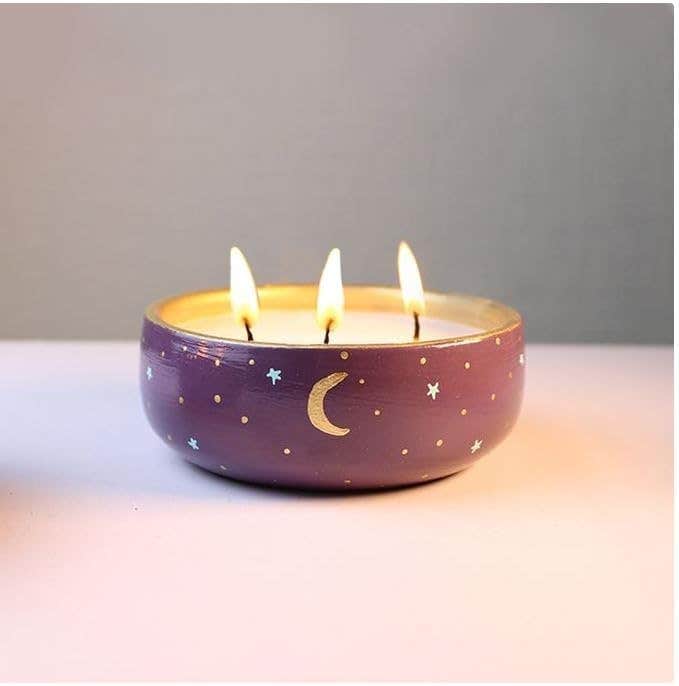 Triple Wick Candle in Purple Tin, Moon and Stars Design, Celestial Theme