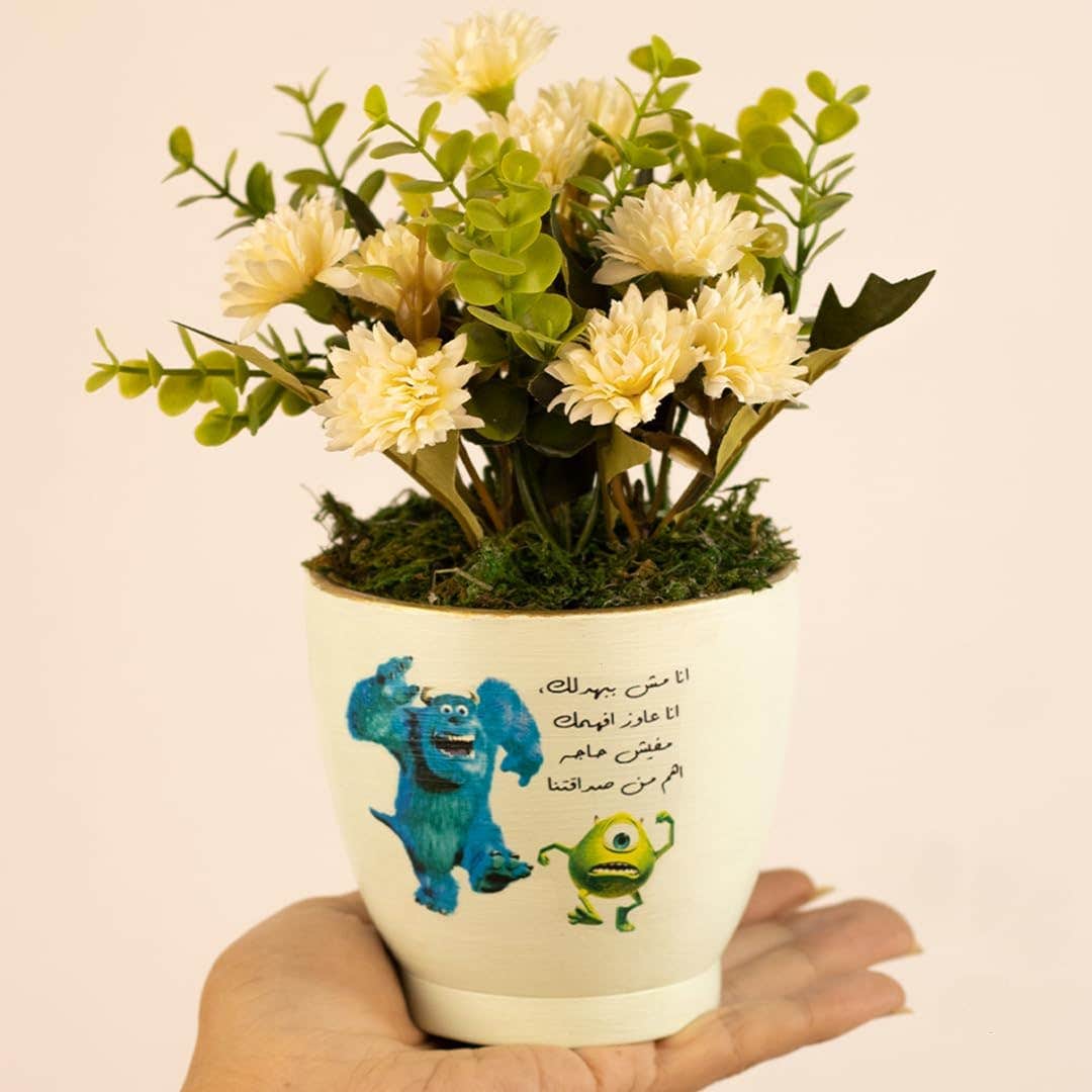 Pottery Pot Cartoon Artificial Plant White Rose