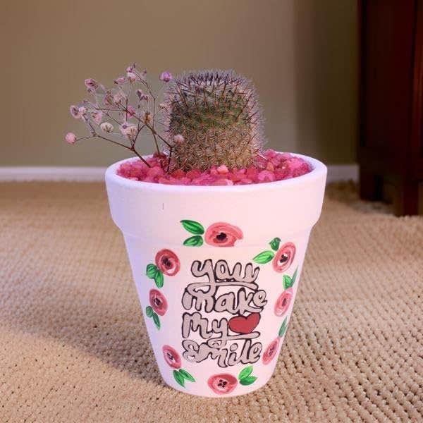 Decorative Cactus Planter with Floral Design, White Ceramic Pot with Pink Roses Pattern, Pink Gravel