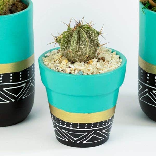 Decorative Plant Pot with Tribal Pattern, Turquoise and Black, Gold Band Accent