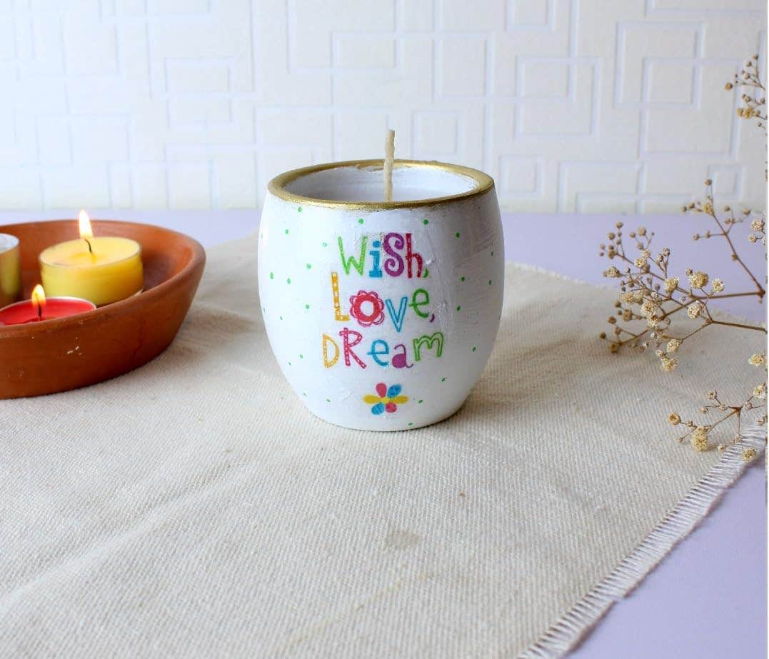 Handcrafted Ceramic Candle, White with Gold Rim, 'Wish, Love, Dream' Theme, Decorative Home Decor