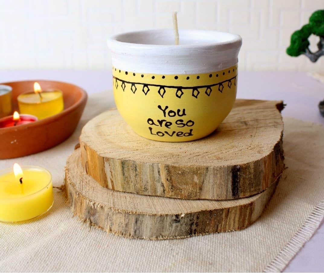 Handcrafted Candle Holder, Yellow and White, 'You Are So Loved' Message, Boho Style, Home Decor