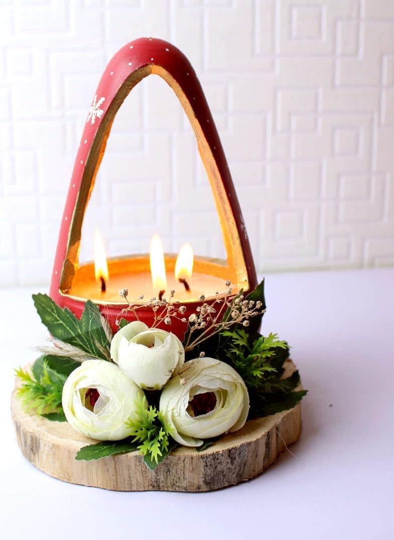 Decorative Ceramic Basket Candle Holder, Red, Multi-Wick, Christmas Snowflake Theme, Floral Wood Base