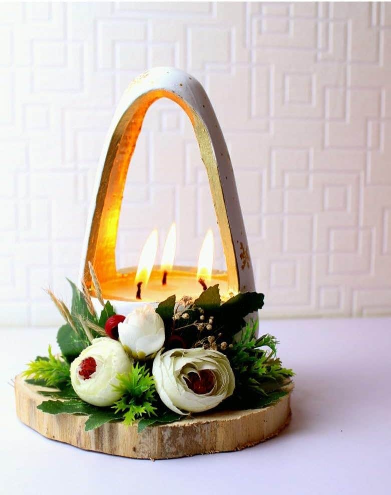 Decorative Arch Candle Holder with Wooden Base, White and Gold, Multi-Wick, Floral Arrangement, Home Decor