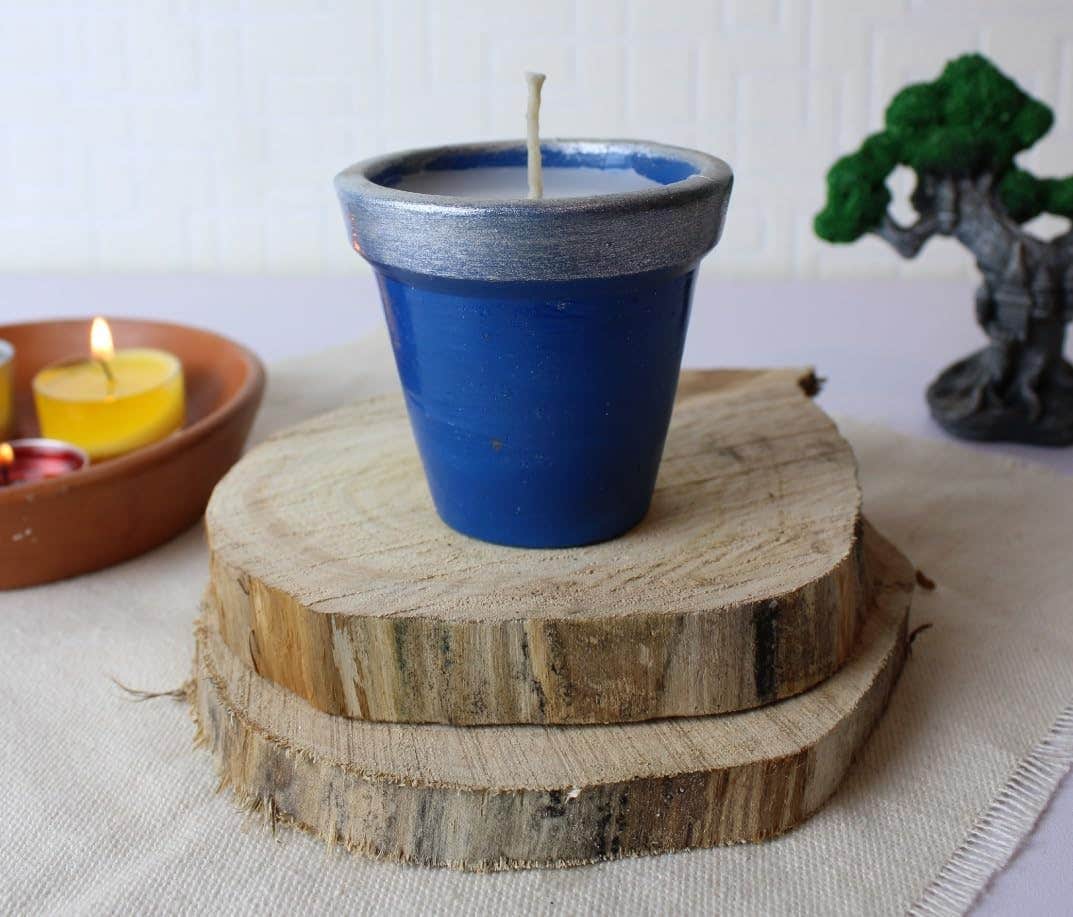 Candle in Blue Ceramic Flower Pot, Silver Rim, Decorative Home Decor, Rustic Style