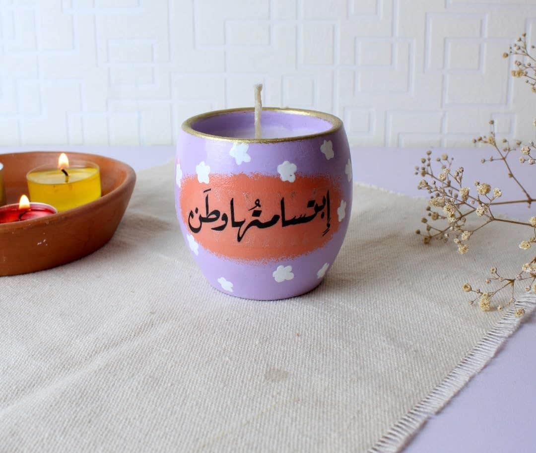 Handmade Candle in Terracota Pot, Purple with Arabic Calligraphy, Decorative Home Decor