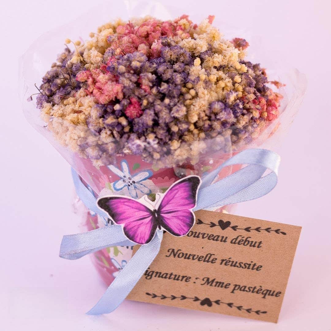 Dried Flower Bouquet, Mixed Colours, Purple Pink Beige, Gift with Butterfly Ribbon and Message Tag