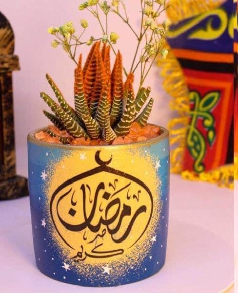 Decorative Planter Pot with Ramadan Kareem Arabic Calligraphy, Blue and Gold, Ceramic, Cactus Plant Included