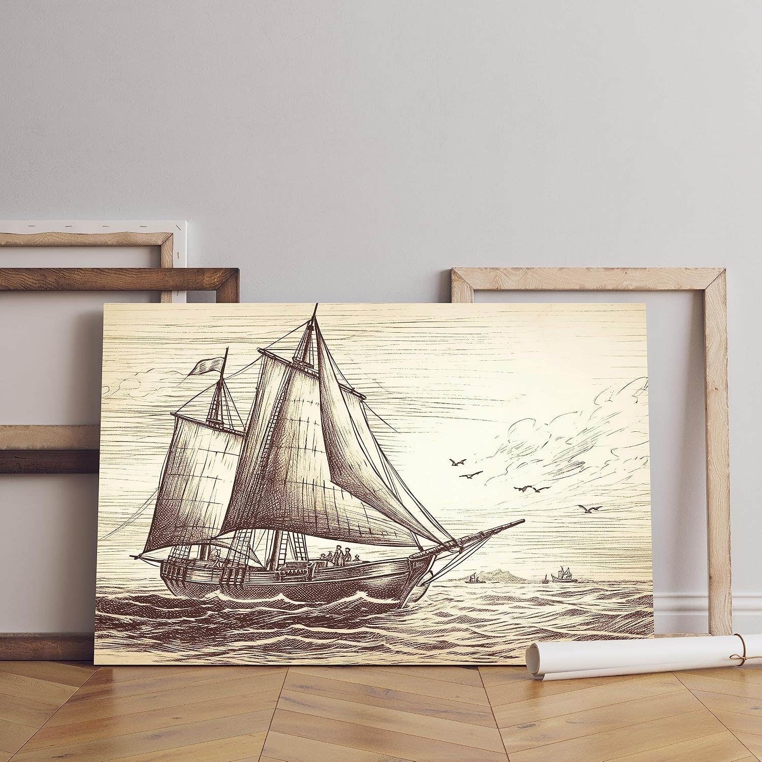 Vintage Ship Sailboat Canvas Wall Art Print - 60x40 cm, Home Gallery - Beige