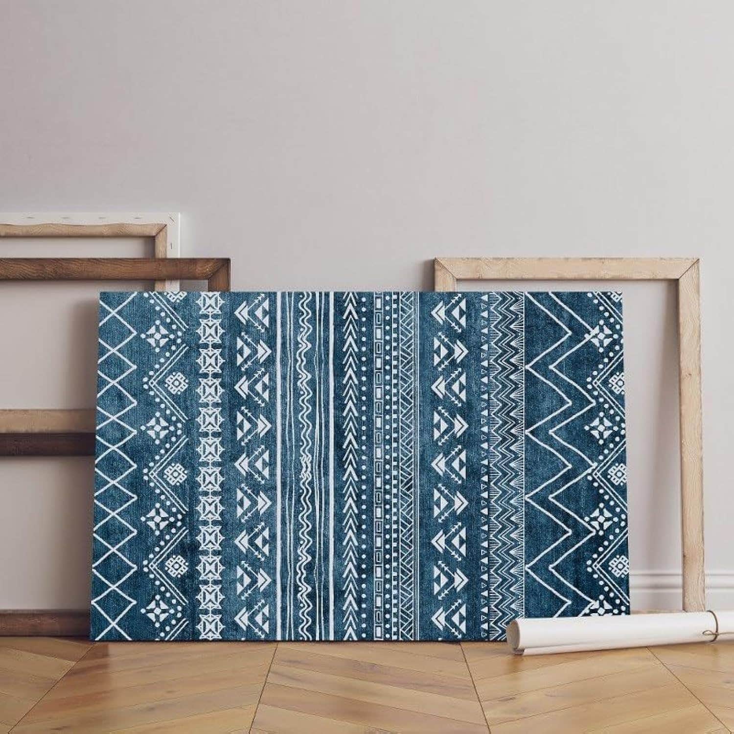 Geometric Ikat Aztec Ethnic Canvas Wall Art - Blue, 60x40 cm