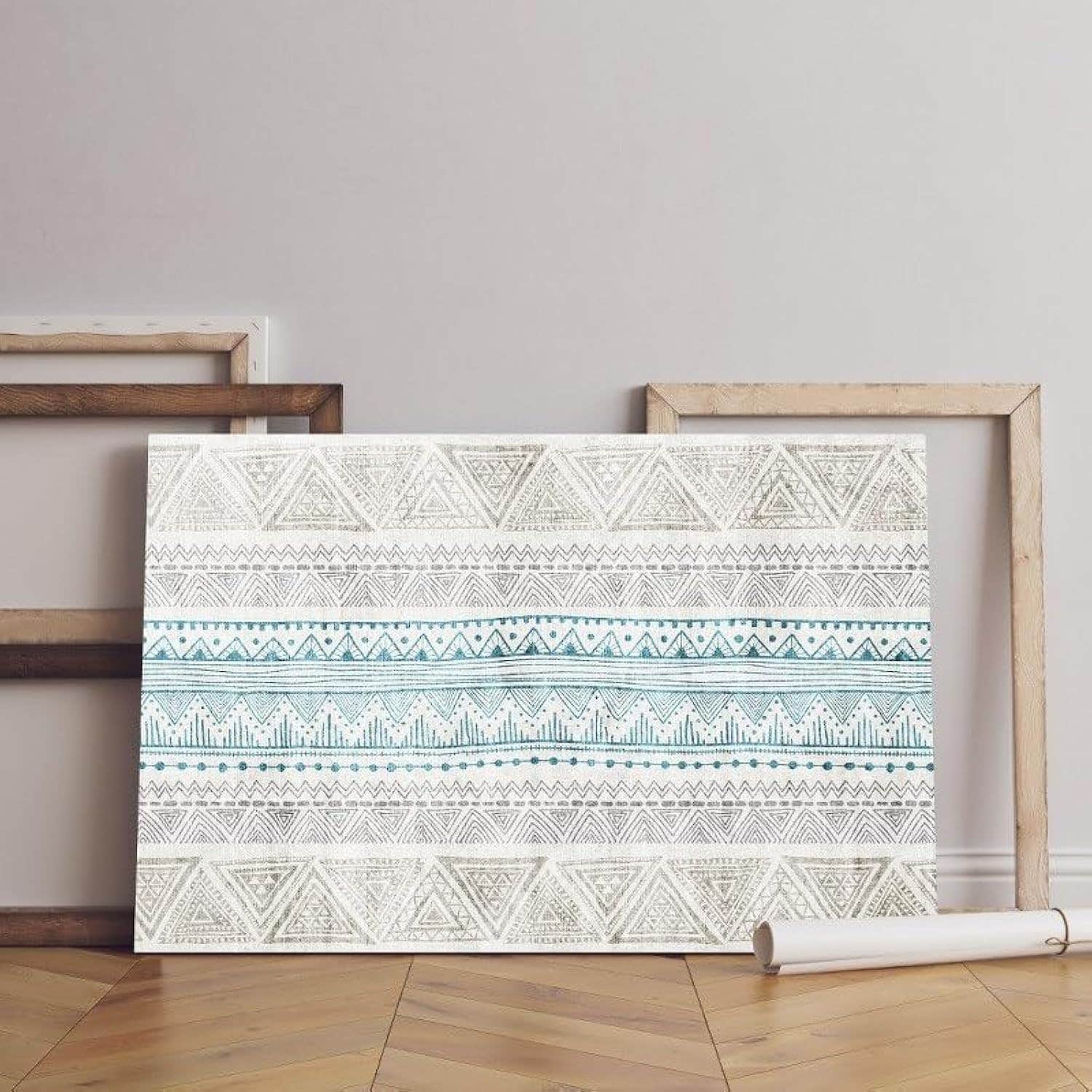 Geometric Ikat Aztec Ethnic Pattern Canvas Wall Art 60x40 cm - Gray