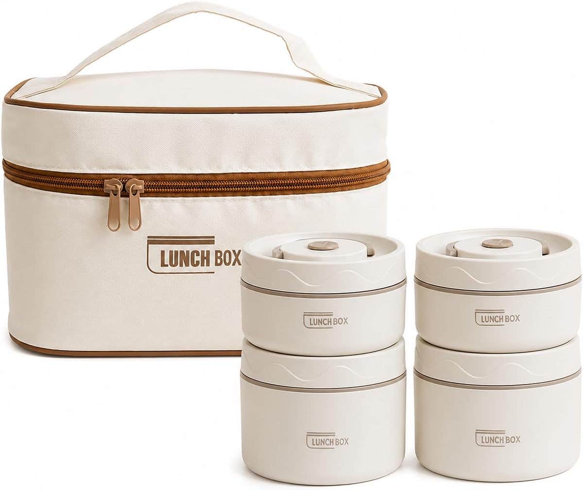 4-Piece Lunch Box 2 Small & 2 Large 3-Layer Stainless Steel 304 Rust-Resistant with Thermal Bag for Heat Retention