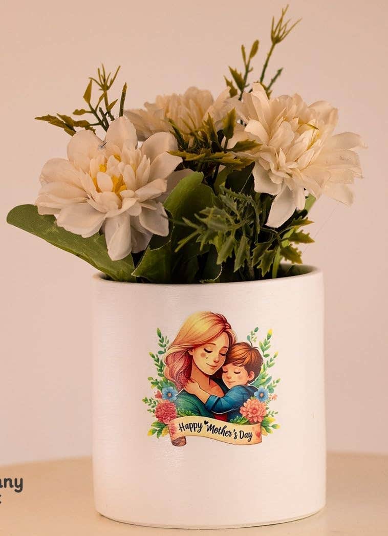 Happy Mother's Day Flower Pot, White, Ceramic Planter with Floral Mother and Child Design