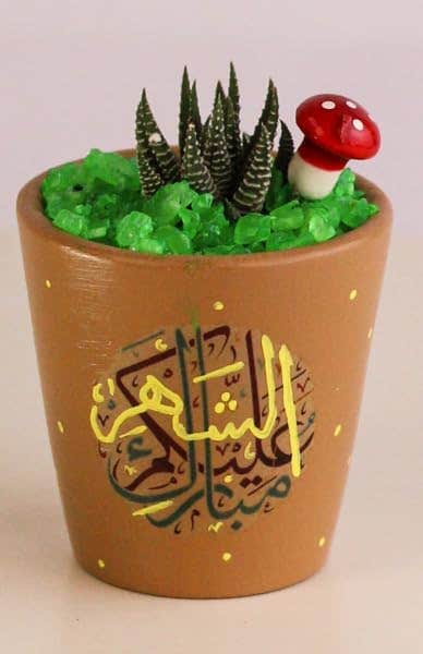 Handmade Decorative Planter Pot with Arabic Calligraphy, Terracotta Brown, Miniature Garden Theme with Succulents and Mushroom
