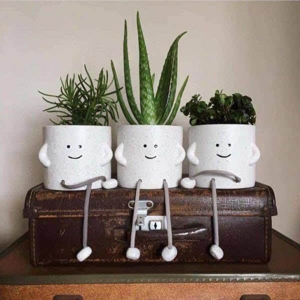 Novelty Smiley Face Planter Pots, White Speckled, Set of 3