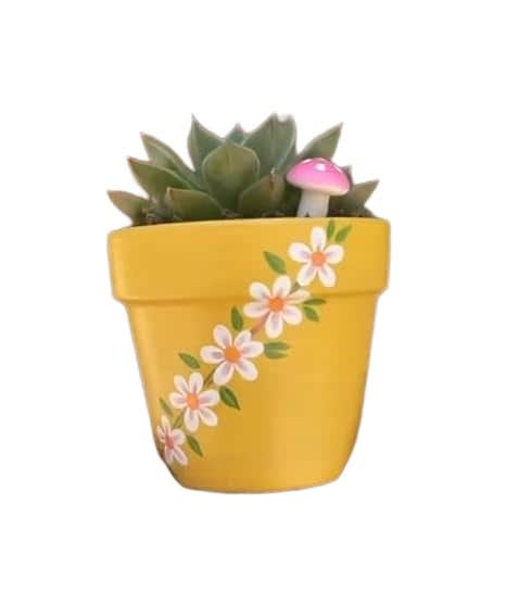 Hand-Painted Yellow Flower Terracotta Pot with Mushroom Stake