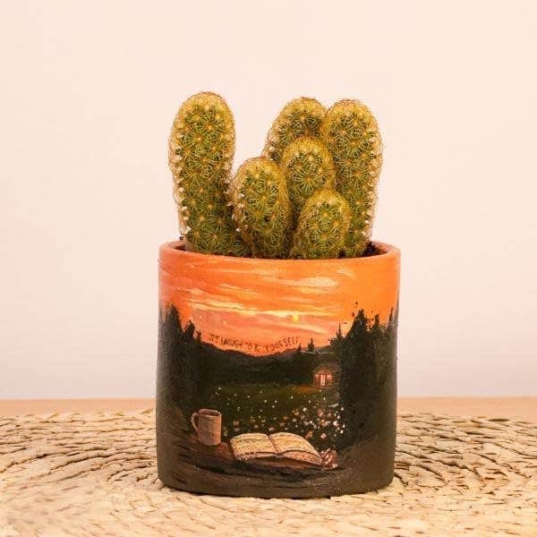 Hand-Painted Terracotta Cactus Planter Pot with Sunset Art