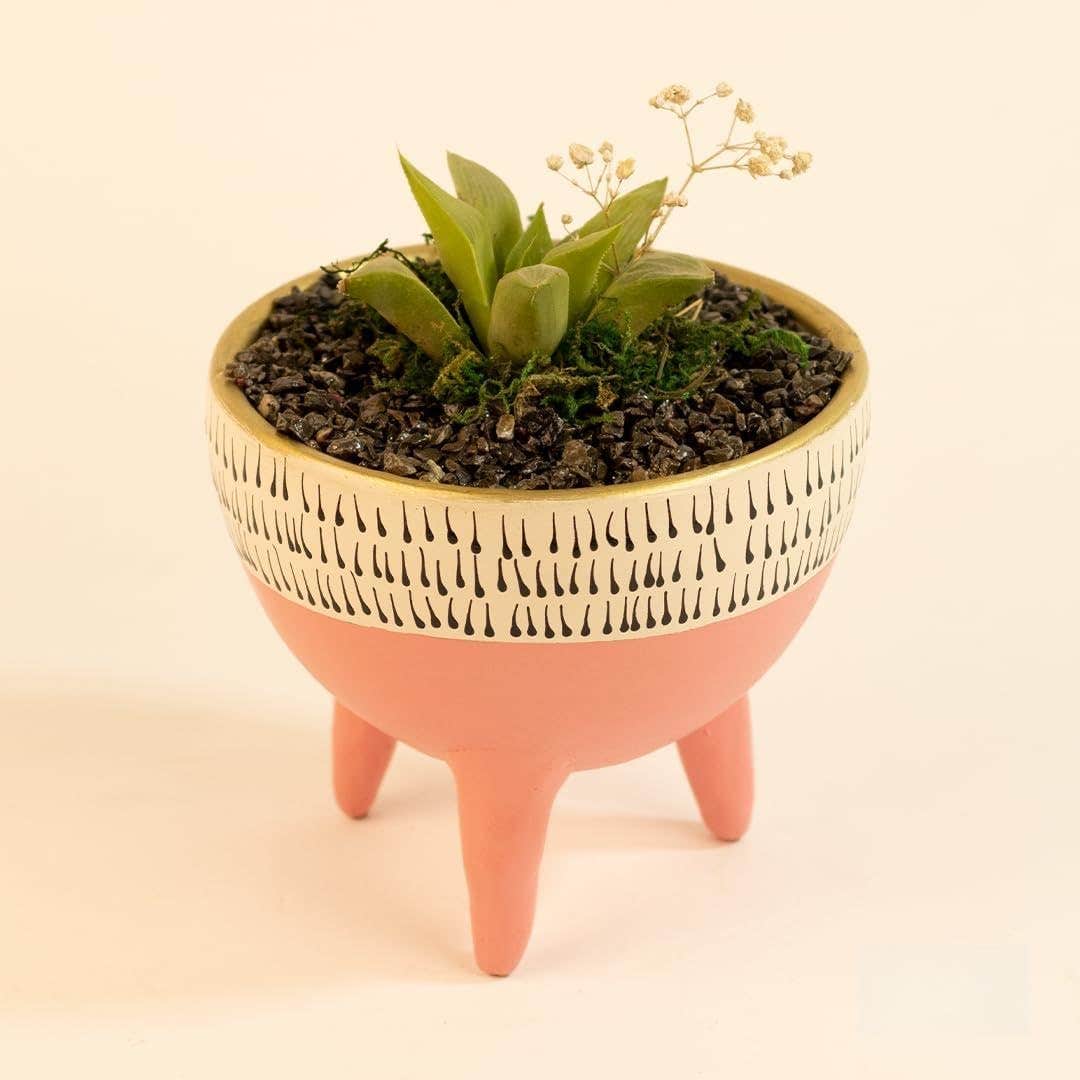 Funny Pot Ceramic Planter, 3-Legged Decorative Plant Pot, Pink and White with Pattern, Succulent Container
